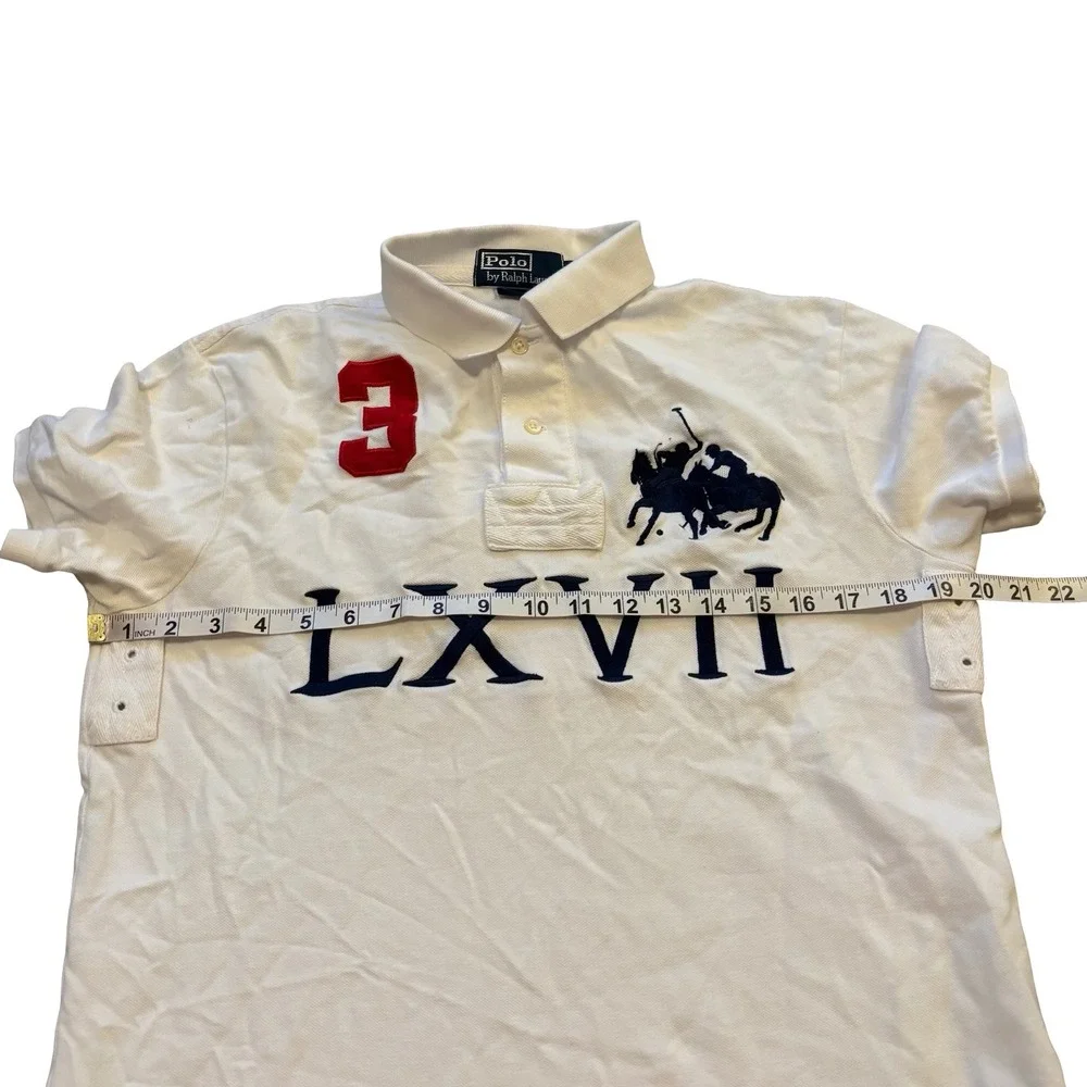 Polo Ralph Lauren Mens White Big Pony LXVII Custom Fit Polo Shirt Size M 3 Patch